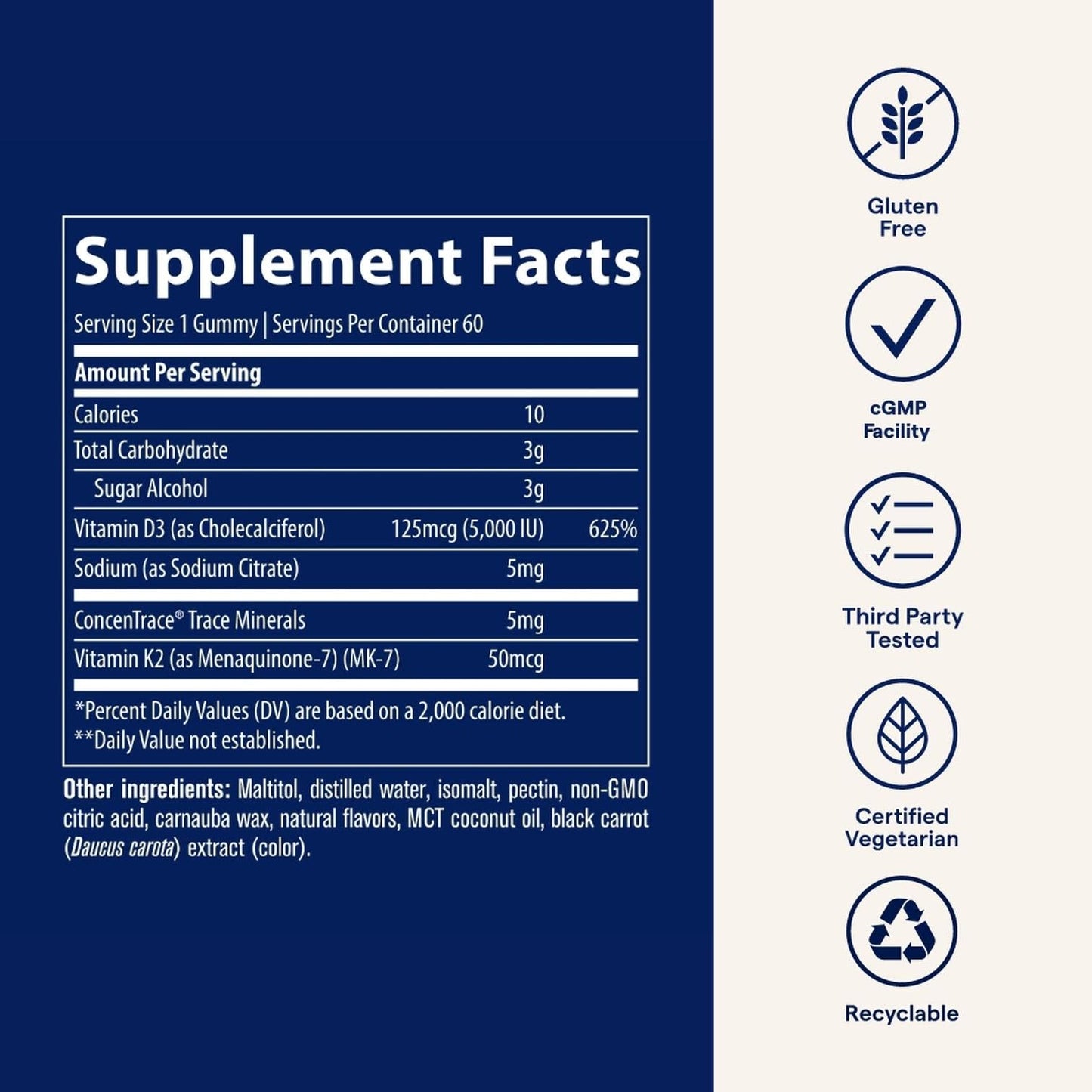Trace Minerals Vitamin D3 + K2 Gummies | 5,000 IU D3 + 50 mcg K2 | Vegan, Sugar Free, Gluten Free | 60 Servings (Pack of 2)