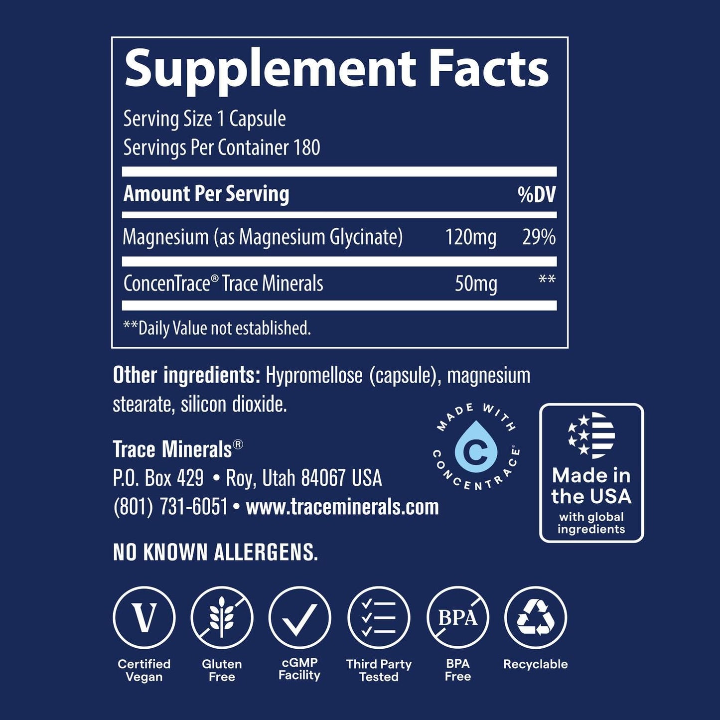 Trace Minerals Magnesium Glycinate 120mg | Bone & Nerve Health, Sleep Support – 180 Capsules