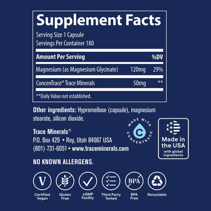 Trace Minerals Magnesium Glycinate 120mg | Bone & Nerve Health, Sleep Support – 180 Capsules