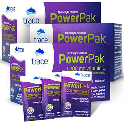 Trace Minerals Power Pak Multivitamin & Multimineral Packets – Acai Berry Flavor, Electrolyte Support, 1200 mg Vitamin C, 70+ Minerals, 90 Packets
