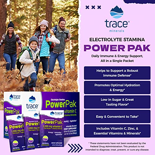 Trace Minerals Power Pak Multivitamin & Multimineral Packets – Acai Berry Flavor, Electrolyte Support, 1200 mg Vitamin C, 70+ Minerals, 90 Packets