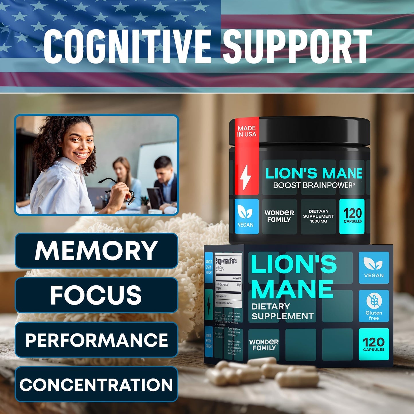Lion’s Mane 1000mg Capsules – Organic Mushroom Complex with Alpha GPC | Vegan, Gluten-Free | Melena de León Orgánico 120 Capsules