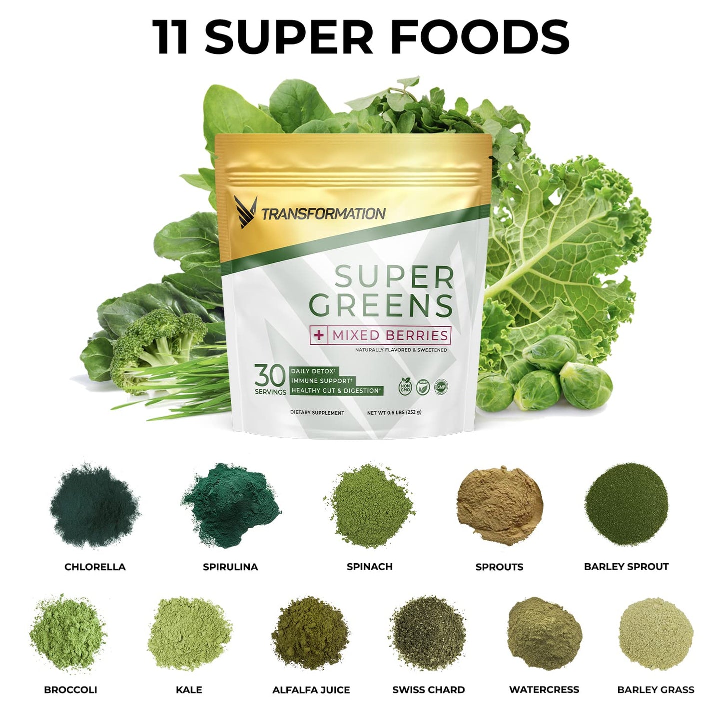 Transformation Super Greens – Immune & Energy Support Green Juice Powder with Spirulina & Chlorella