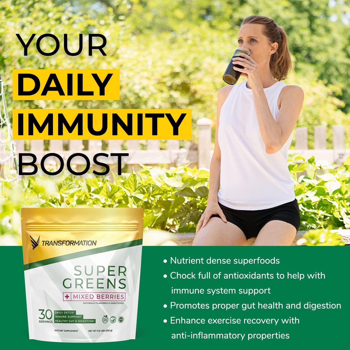 Transformation Super Greens – Immune & Energy Support Green Juice Powder with Spirulina & Chlorella
