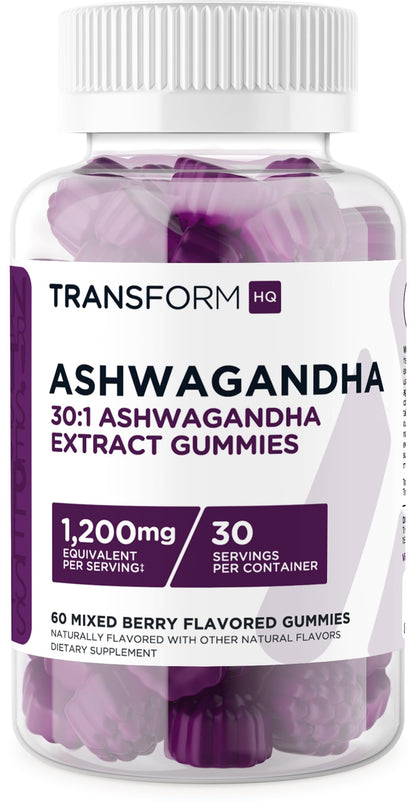 TransformHQ Ashwagandha Gummies 1,200mg – 60 Gummies (30 Servings) | Mixed Berry, Gluten Free, Non-GMO