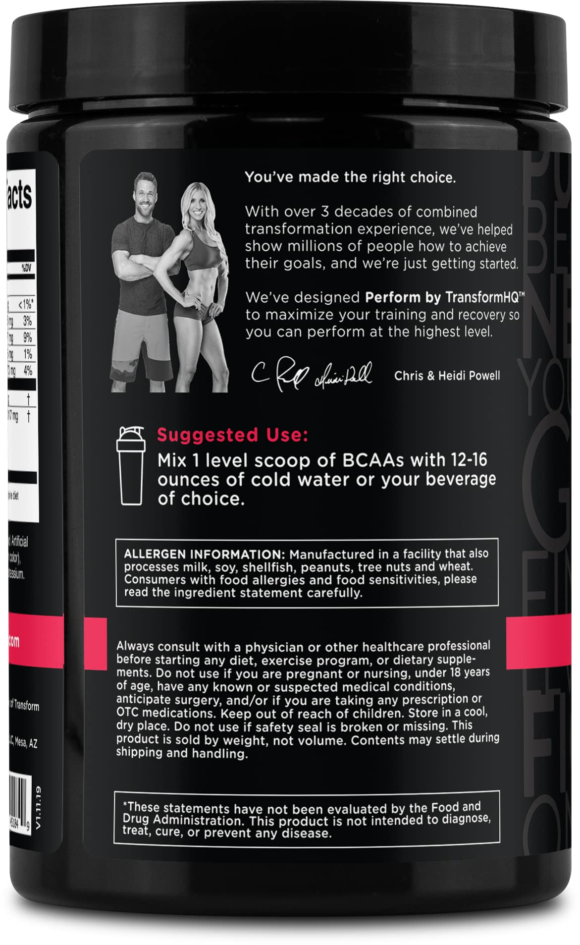 TransformHQ BCAA 2:1:1 Powder - Raspberry Lemonade, 28 Servings | Gluten Free, Non-GMO
