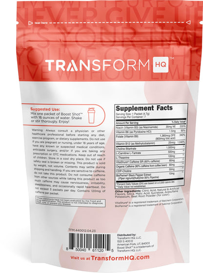 TransformHQ Boost Shot Powder Drink Sticks - Strawberry Lemonade, 7 Pack | Caffeine & B Vitamins