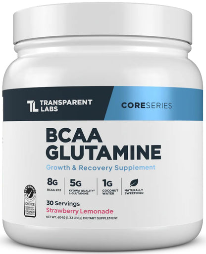Transparent Labs BCAA Glutamine - 8,000 mg BCAAs + 5,000 mg L-Glutamine for Post-Workout Recovery, Endurance & Muscle Support - 30 Servings, Strawberry Lemonade