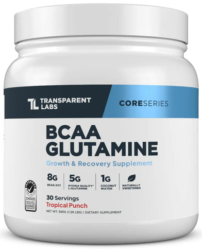 Transparent Labs BCAA Glutamine — 8000 Mg BCAA Powder with L Glutamine, Tropical Punch, 30 Servings