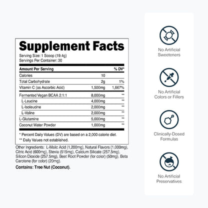 Transparent Labs BCAA Glutamine — 8000 Mg BCAA Powder with L Glutamine, Tropical Punch, 30 Servings