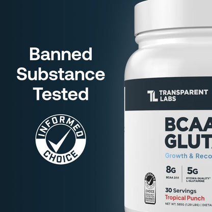 Transparent Labs BCAA Glutamine — 8000 Mg BCAA Powder with L Glutamine, Tropical Punch, 30 Servings