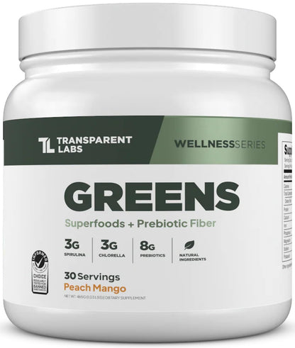 Transparent Labs Prebiotic Greens - Peach Mango, 30 Servings | Organic Spirulina, Chloerra, Acacia & Green Banana