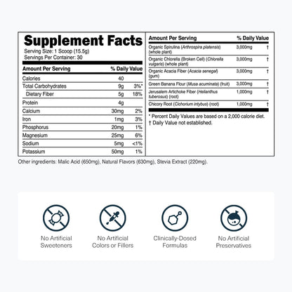 Transparent Labs Prebiotic Greens - Peach Mango, 30 Servings | Organic Spirulina, Chloerra, Acacia & Green Banana
