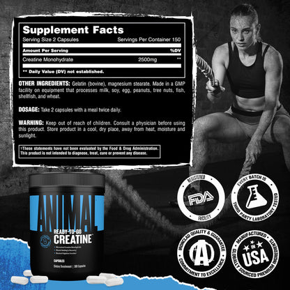 Animal Micronized Creatine Monohydrate Capsules – 300 Caps, 2.5g Per Serving