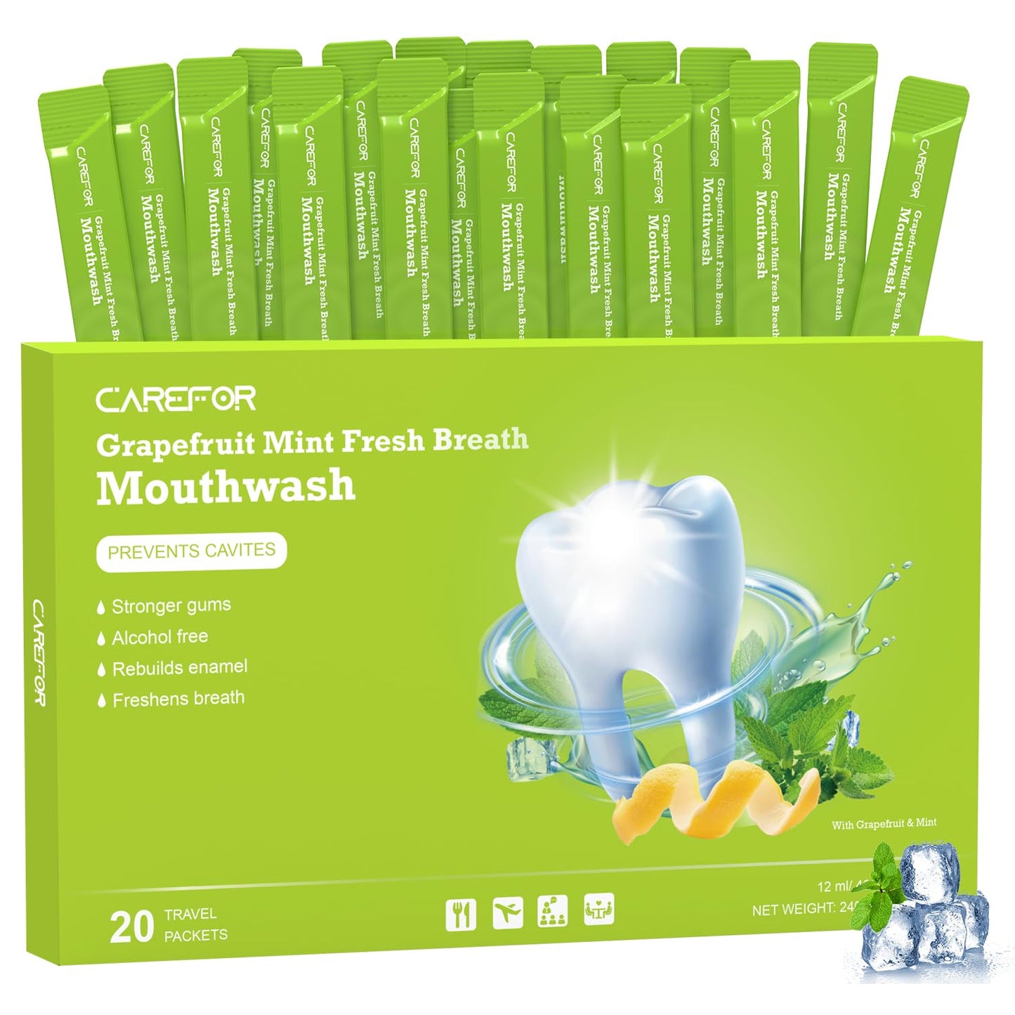 Travel Size Mouthwash Packets – Grapefruit Mint, Alcohol & Fluoride Free | 0.41 fl oz Pack of 20
