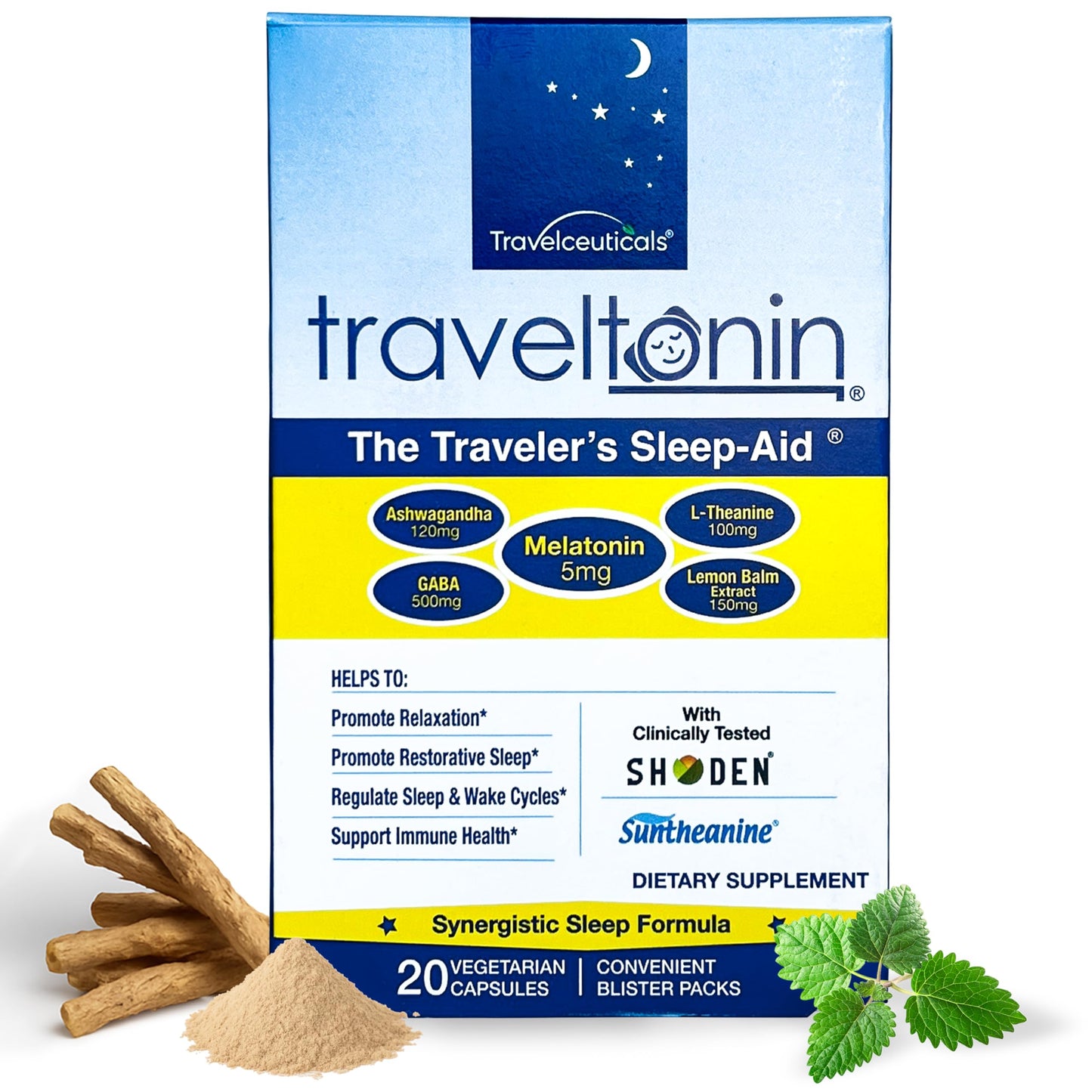 Travel Sleep Aid - Jet Lag Relief, Restorative Sleep & Immune Support | 5-in-1 Melatonin, Ashwagandha, L-Theanine, GABA, Lemon Balm | 20 Capsules
