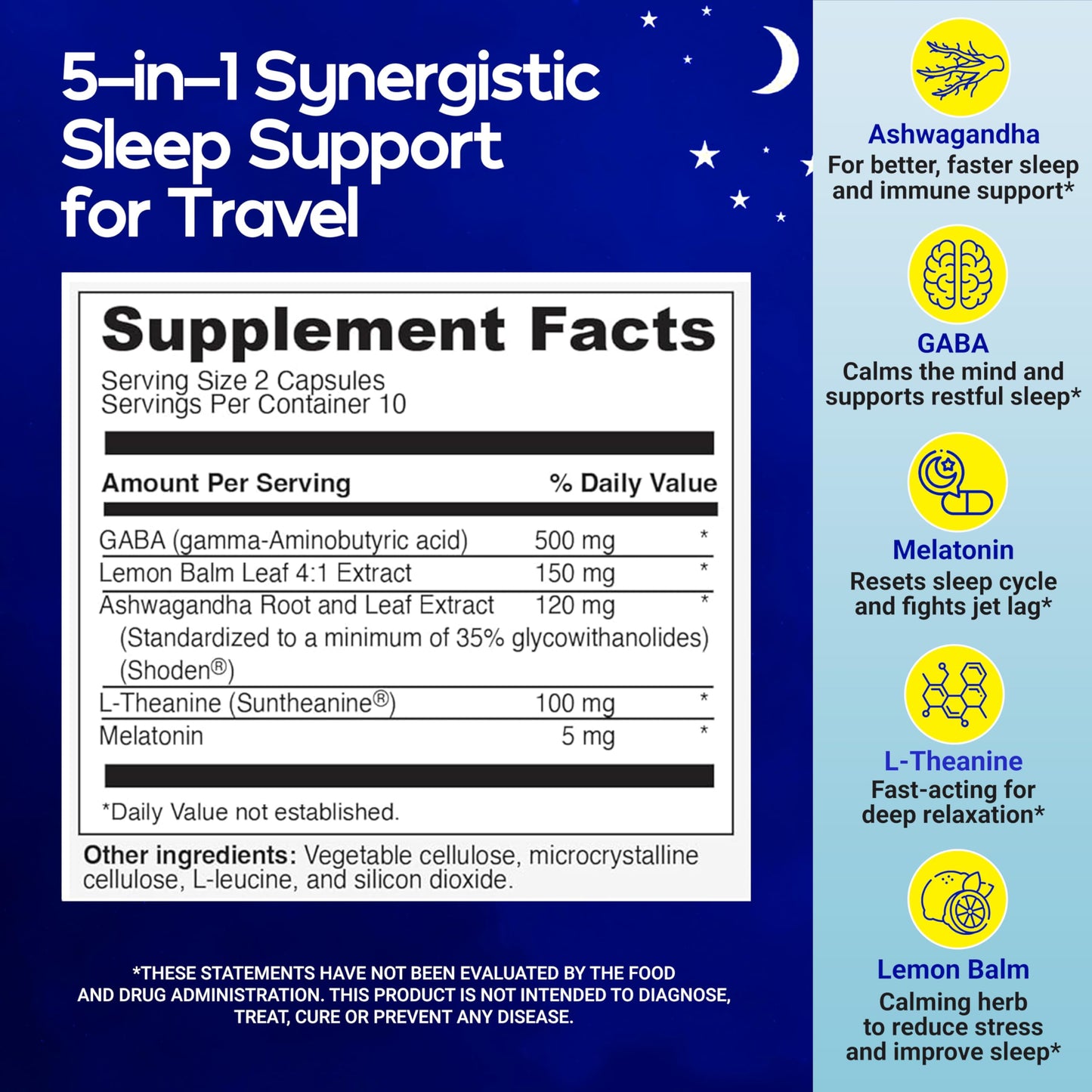 Travel Sleep Aid - Jet Lag Relief, Restorative Sleep & Immune Support | 5-in-1 Melatonin, Ashwagandha, L-Theanine, GABA, Lemon Balm | 20 Capsules