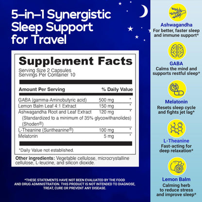 Travel Sleep Aid - Jet Lag Relief, Restorative Sleep & Immune Support | 5-in-1 Melatonin, Ashwagandha, L-Theanine, GABA, Lemon Balm | 20 Capsules