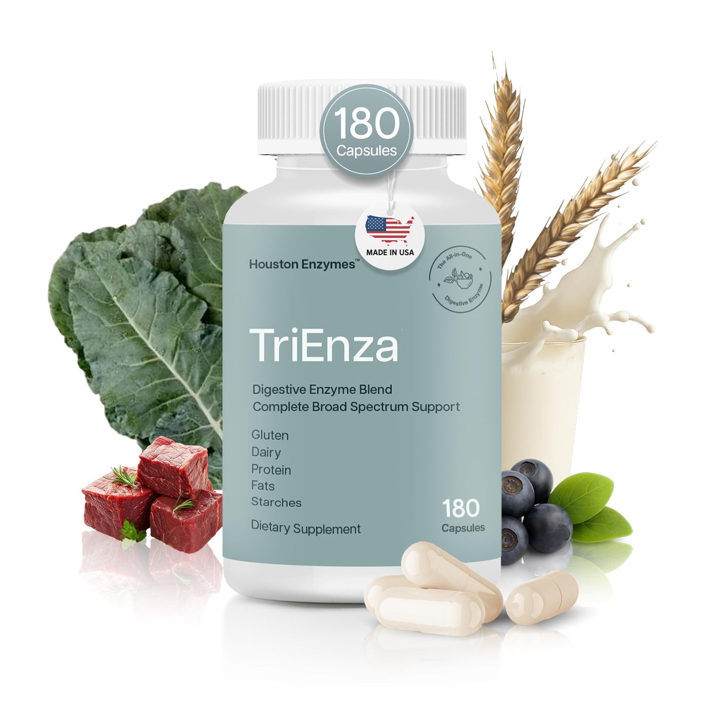 Houston Enzymes TriEnza Digestive Enzymes for Women & Men – 180 Capsules (90 Doses)