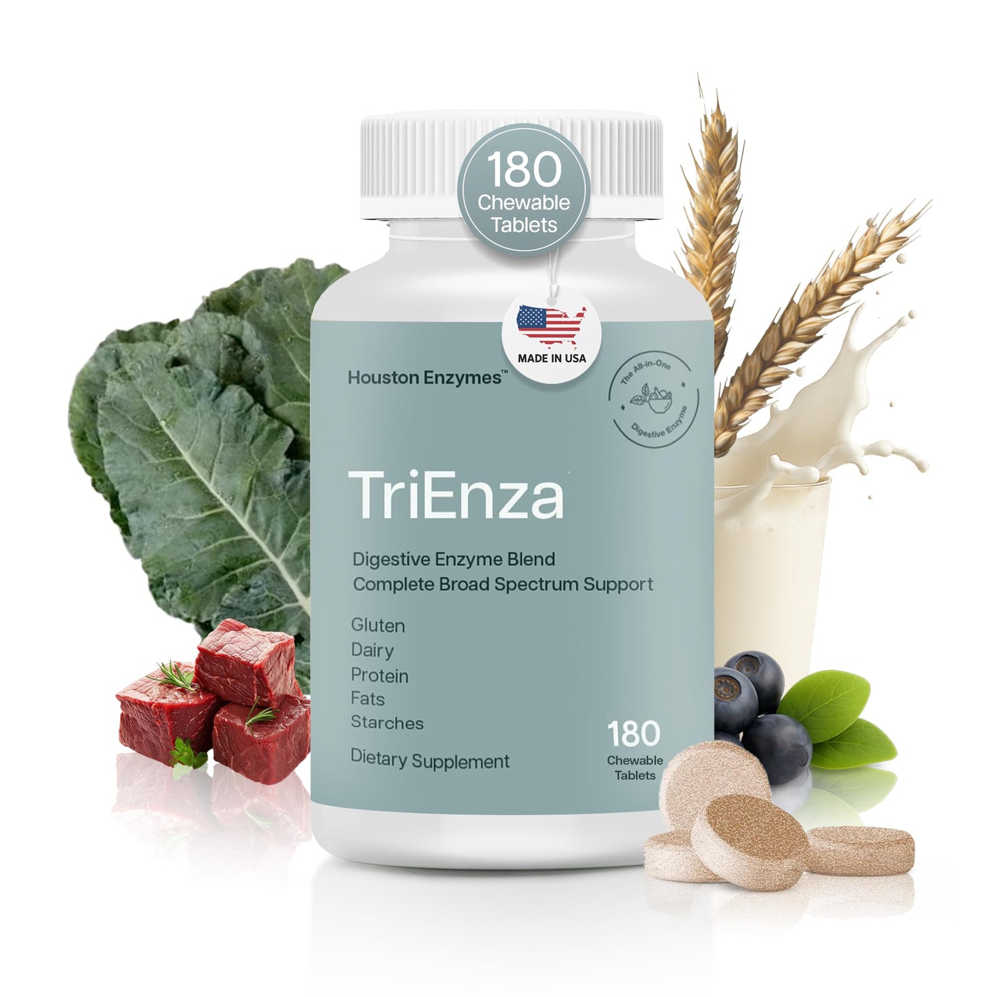 Houston Enzymes TriEnza - Digestive Enzyme Supplement for Gluten, Casein, Soy, Carbs & Fats | 180 Chewable Tablets