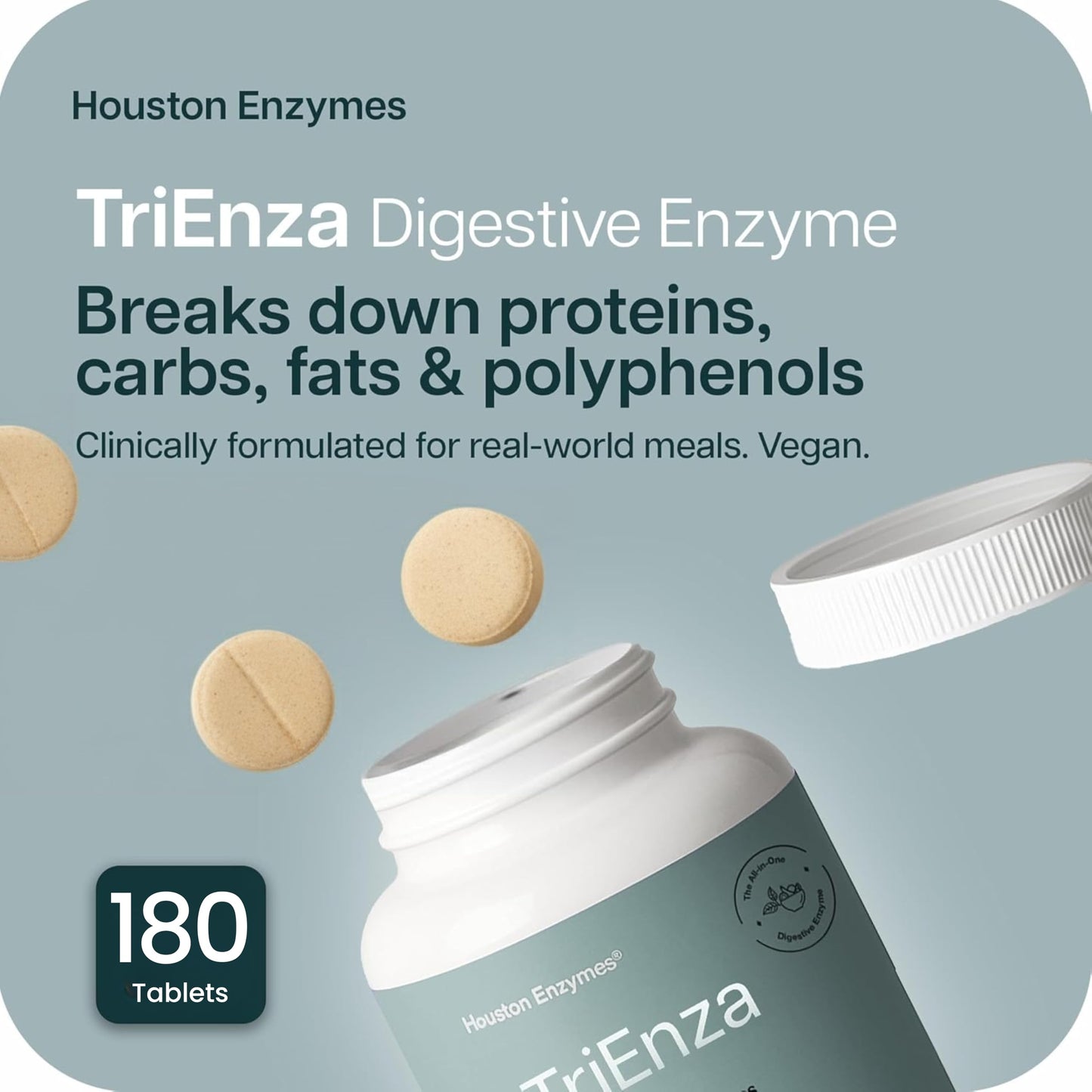 Houston Enzymes TriEnza - Digestive Enzyme Supplement for Gluten, Casein, Soy, Carbs & Fats | 180 Chewable Tablets