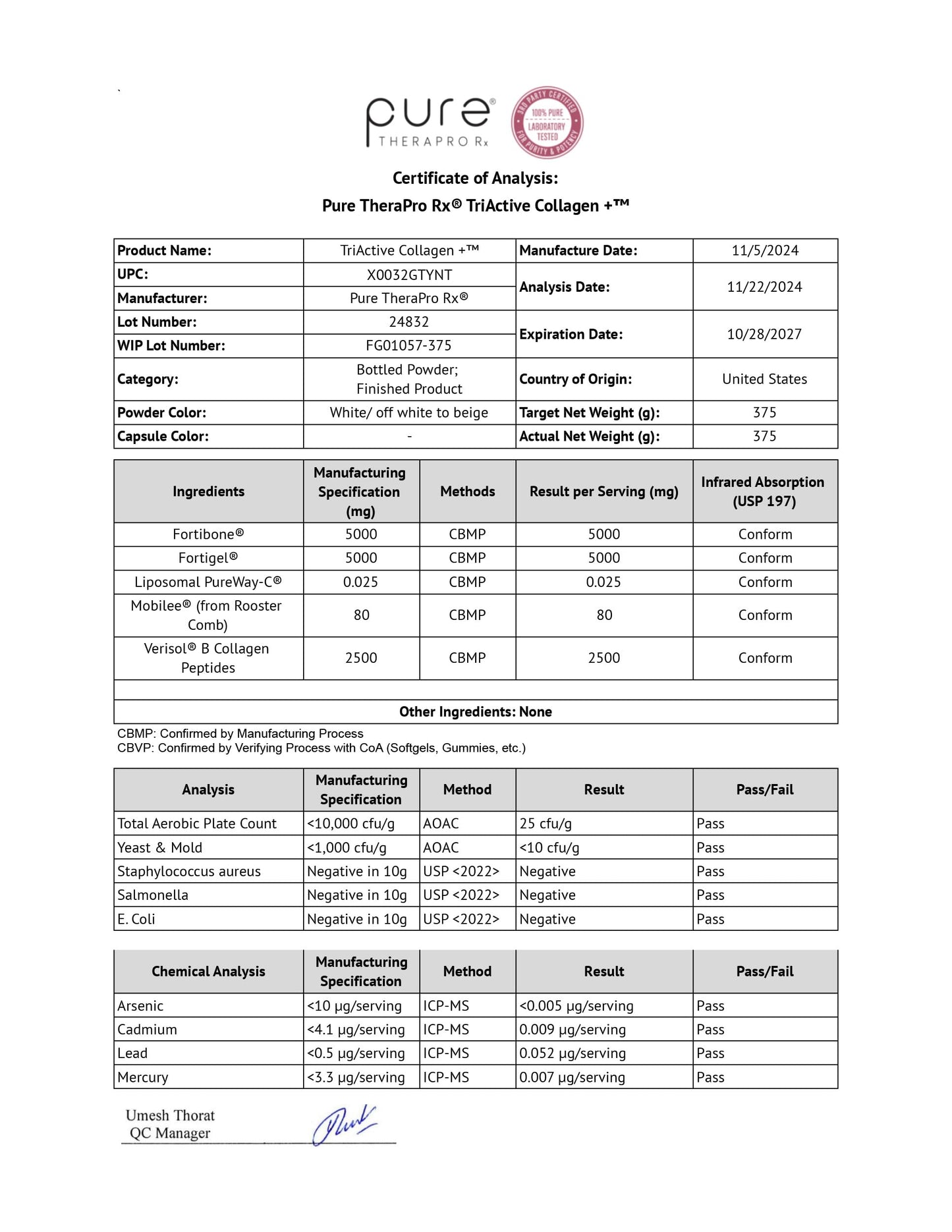 Pure Therapro Rx TriActive Collagen Plus – Unflavored Multi Collagen Powder, 30 Servings