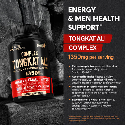 Tongkat Ali 1350mg Men Complex – Energy, Strength & Performance | USA Made 120 Capsules