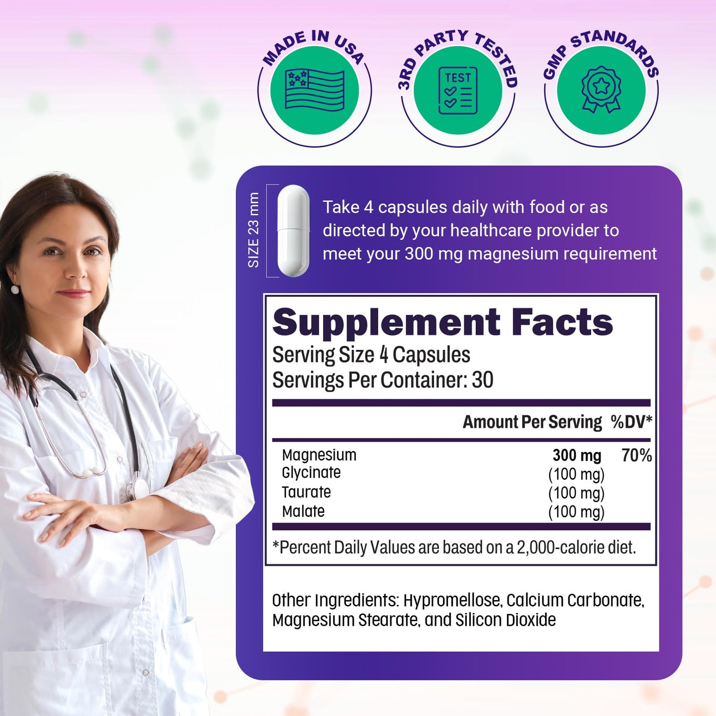 Triple Magnesium Complex – 300mg per Serving – Glycinate, Taurate, Malate – Chelated, Gentle on Stomach – 120 Capsules – Made in USA