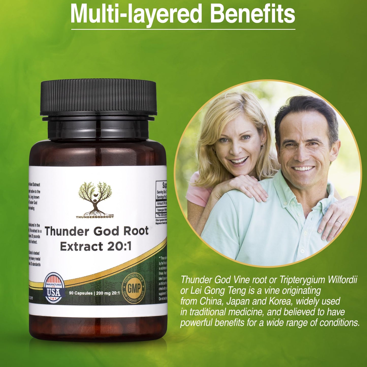Thunder God Vine Root 20:1 Supplement – 200 mg Tripterygium Wilfordii, 90 Capsules | ThunderGodRoot