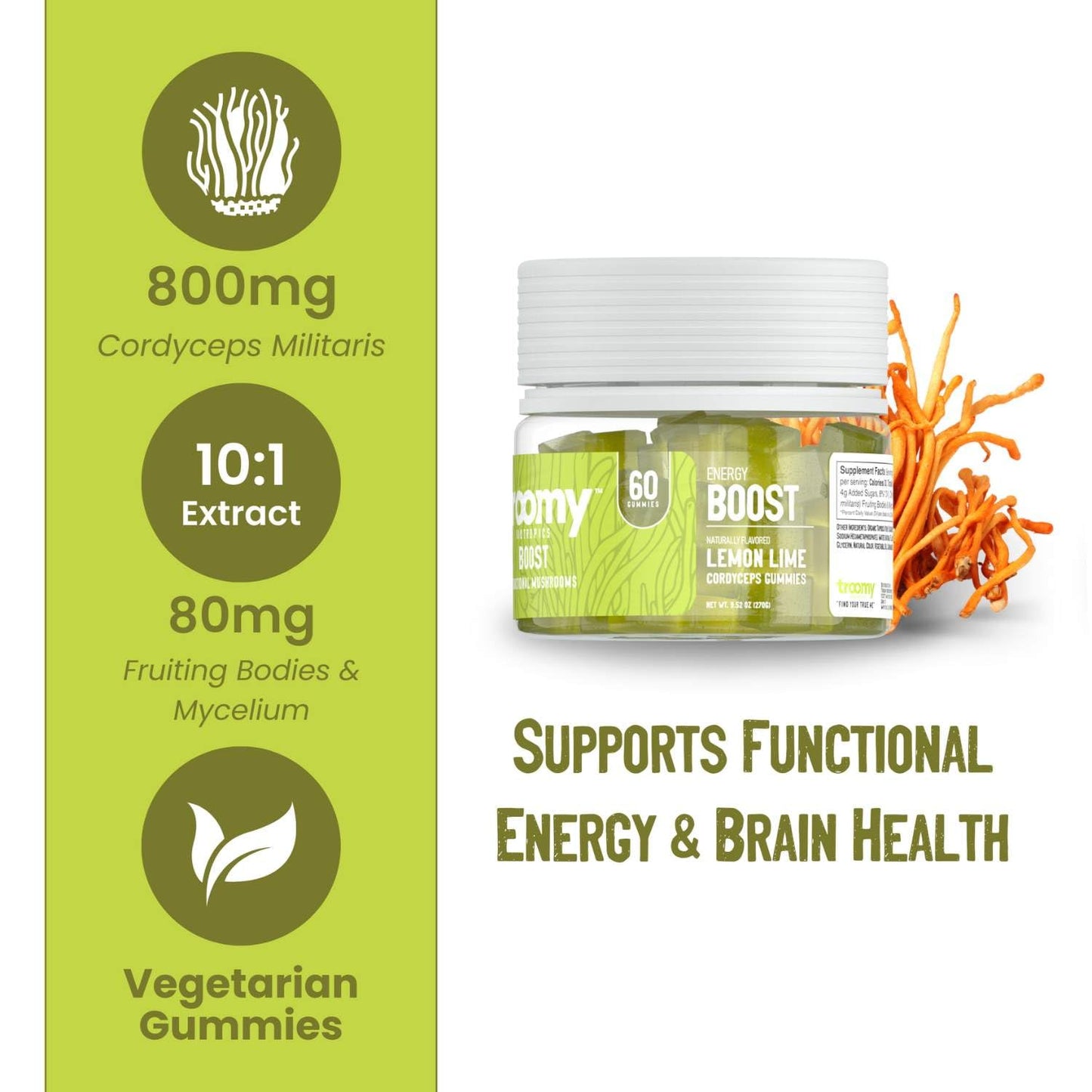 Troomy Boost Cordyceps Gummies – Focus & Active Lifestyle | Lemon Lime | 60 Count