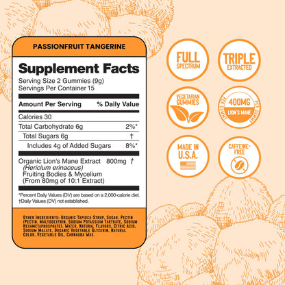 Troomy Lion's Mane Focus Gummies – 30 Count (Tangerine & Passionfruit)