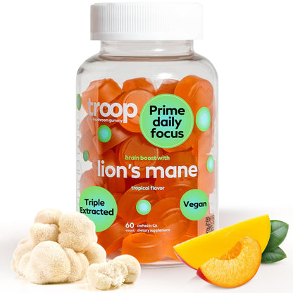 Troop Mushroom Lion's Mane Gummies for Focus & Mood | Vegan Peach Mango, 60 Count
