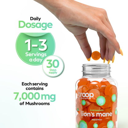 Troop Mushroom Lion's Mane Gummies for Focus & Mood | Vegan Peach Mango, 60 Count