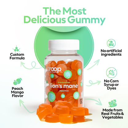 Troop Mushroom Lion's Mane Gummies for Focus & Mood | Vegan Peach Mango, 60 Count