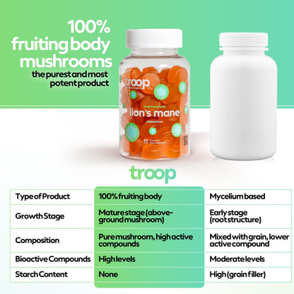 Troop Mushroom Lion's Mane Gummies for Focus & Mood | Vegan Peach Mango, 60 Count