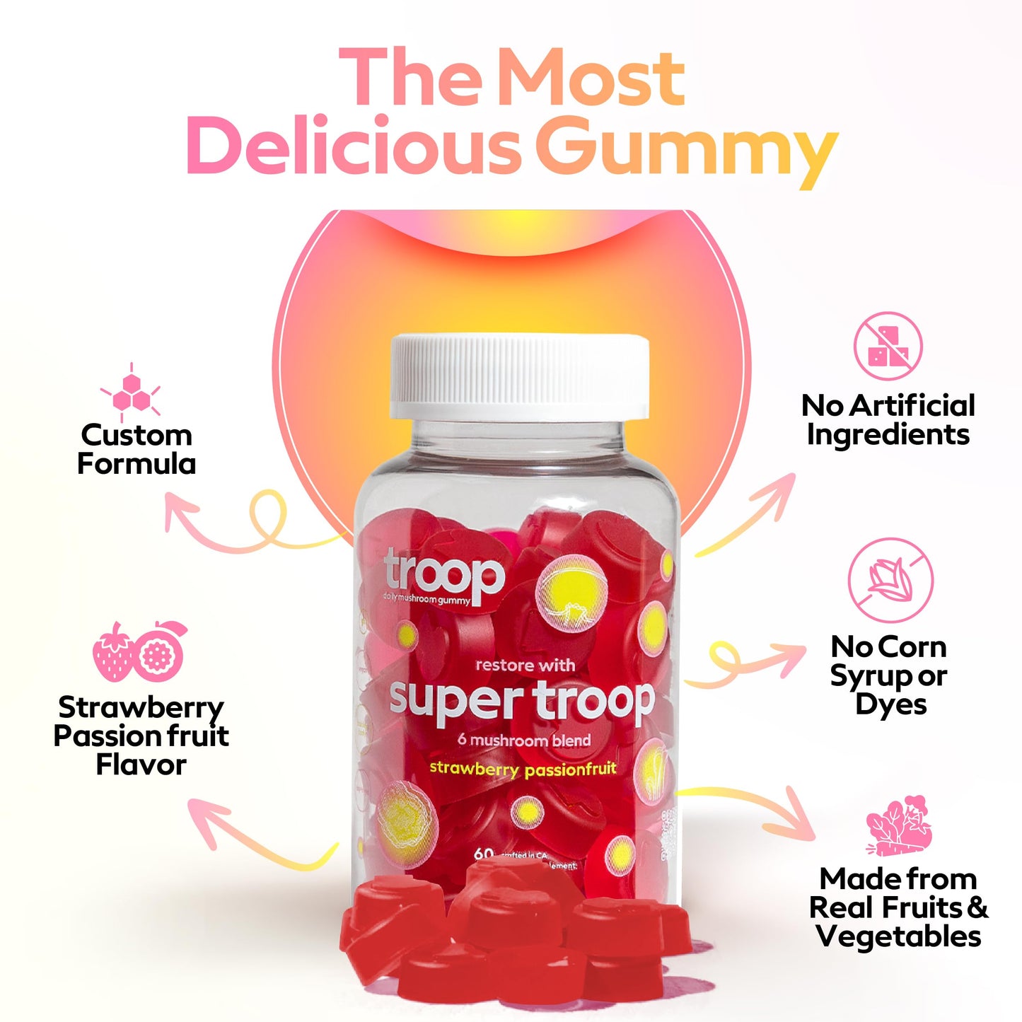Troop Super 6 Mushroom Gummies – Immune Support, Energy & Mood (60 Count) – Vegan