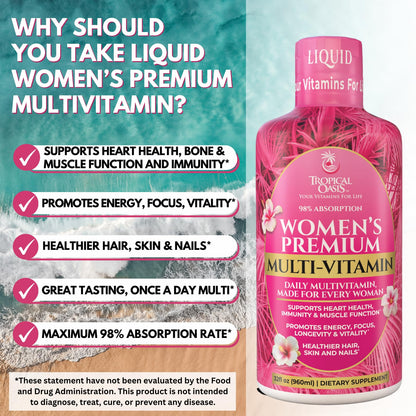 Tropical Oasis Premium Liquid Multivitamin for Women – Sugar Free, 98% Absorption, 32 Servings