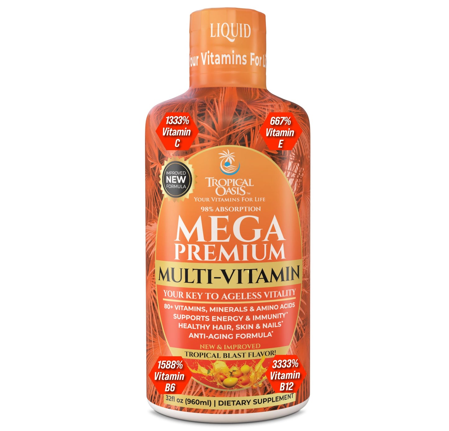 Tropical Oasis Mega Premium Liquid Multivitamin – 1333% Vitamin C, 200% Vitamin D3, Zinc | 32 Servings | Sugar Free | Orange