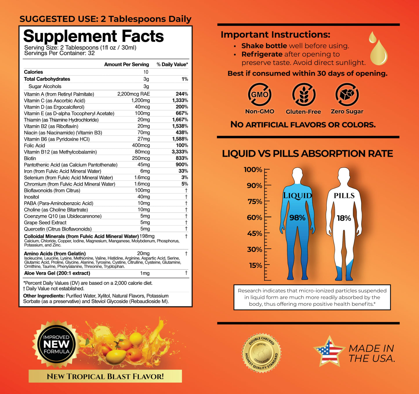 Tropical Oasis Mega Premium Liquid Multivitamin – 1333% Vitamin C, 200% Vitamin D3, Zinc | 32 Servings | Sugar Free | Orange