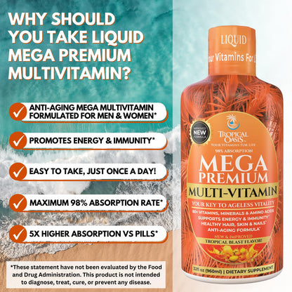 Tropical Oasis Mega Premium Liquid Multivitamin – 1333% Vitamin C, 200% Vitamin D3, Zinc | 32 Servings | Sugar Free | Orange