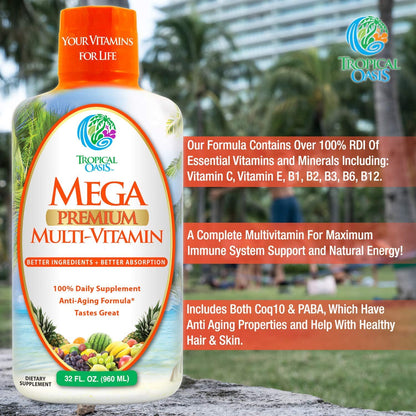 Tropical Oasis Mega Premium Liquid Multivitamin – 1333% Vitamin C, 200% Vitamin D3, Zinc | 32 Servings | Sugar Free | Orange