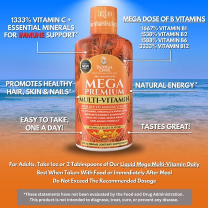 Tropical Oasis Mega Premium Liquid Multivitamin – 1333% Vitamin C, 200% Vitamin D3, Zinc | 32 Servings | Sugar Free | Orange