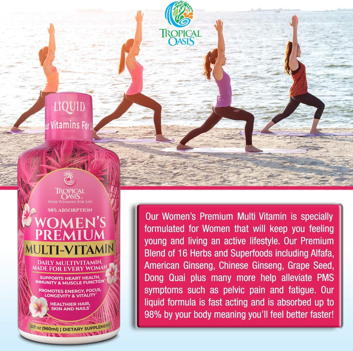 Tropical Oasis Premium Liquid Multivitamin for Women – Sugar Free, 98% Absorption, 32 Servings