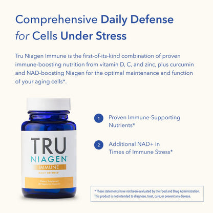 TRU NIAGEN Immune Support - NAD+ Boost, Vitamin C from Fermentation, Vitamin D3 2000 IU, Zinc, Theracurmin | 30ct