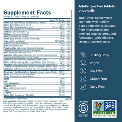 True Grace Daily Men’s Multivitamin 50+ – 60 Servings (120 Tablets) | Immune, Energy, Longevity & Memory Support
