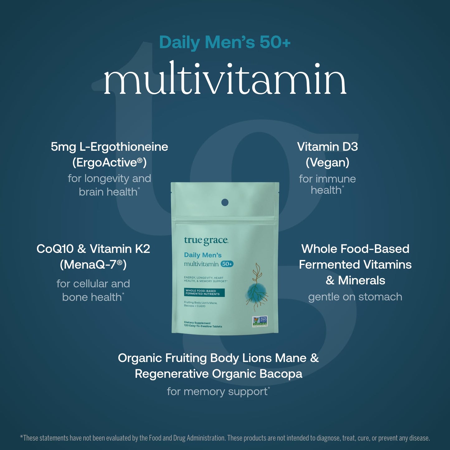 True Grace Daily Men’s Multivitamin 50+ – 60 Servings (120 Tablets) | Immune, Energy, Longevity & Memory Support