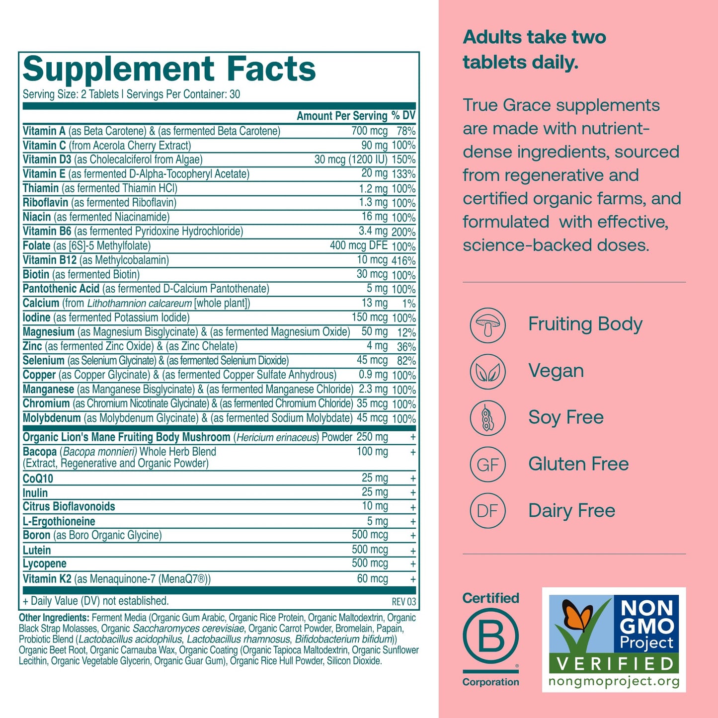 True Grace Daily Women's Multivitamin 50+ – 60 Easy-To-Swallow Tablets | Vegan, Gluten, Soy & Iron Free