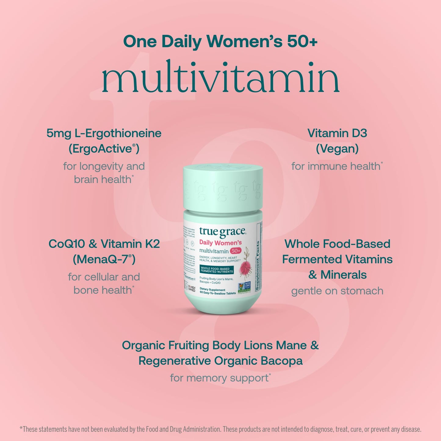 True Grace Daily Women's Multivitamin 50+ – 60 Easy-To-Swallow Tablets | Vegan, Gluten, Soy & Iron Free