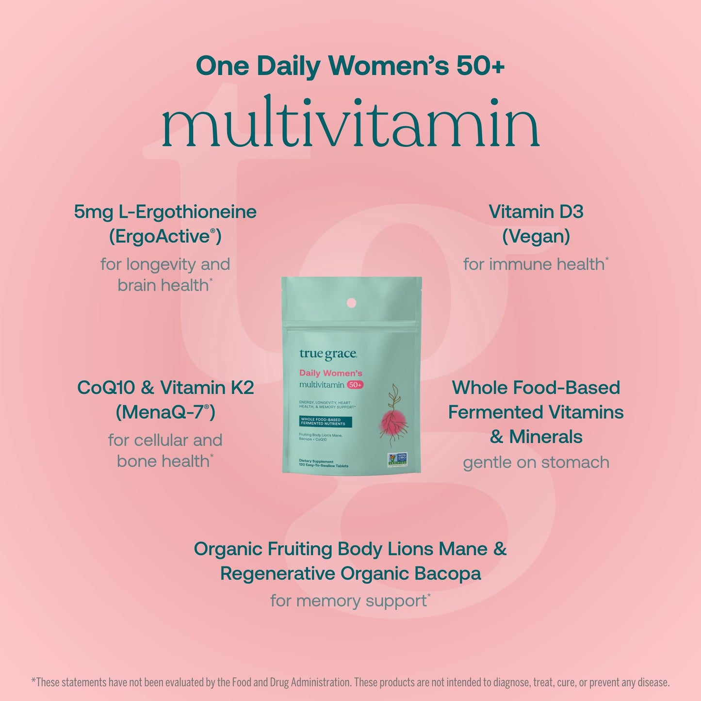 True Grace Daily Women's Multivitamin 50+ | 120 Tablets | Immune, Energy & Memory Support | Vegan, Gluten/Soy/Iron Free
