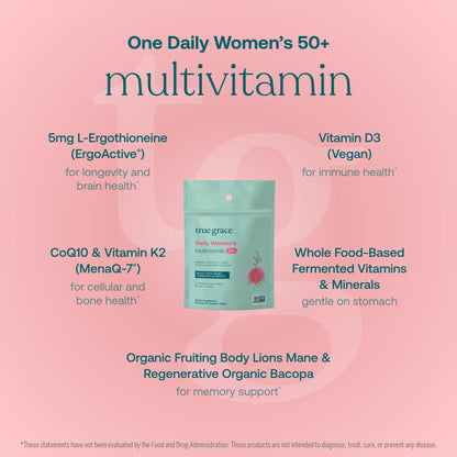 True Grace Daily Women's Multivitamin 50+ | 120 Tablets | Immune, Energy & Memory Support | Vegan, Gluten/Soy/Iron Free